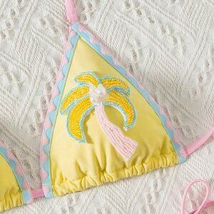 Yellow Cute Women's Halter Neck Pearl & Palm Bikini
